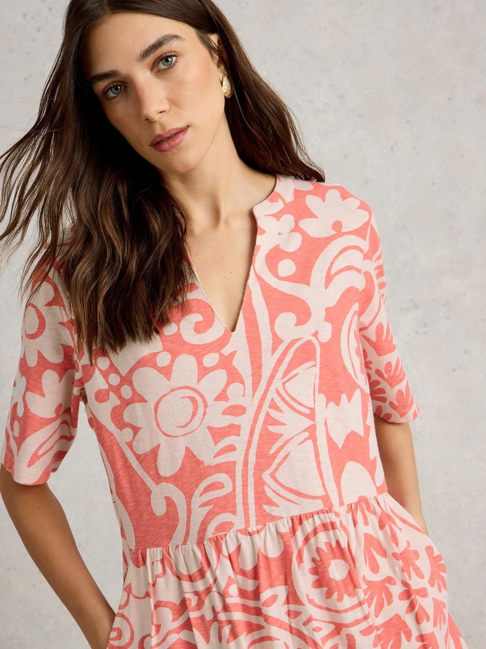 Thea Short Sleeve Jersey Dress in CORAL MLT - MODEL DETAIL