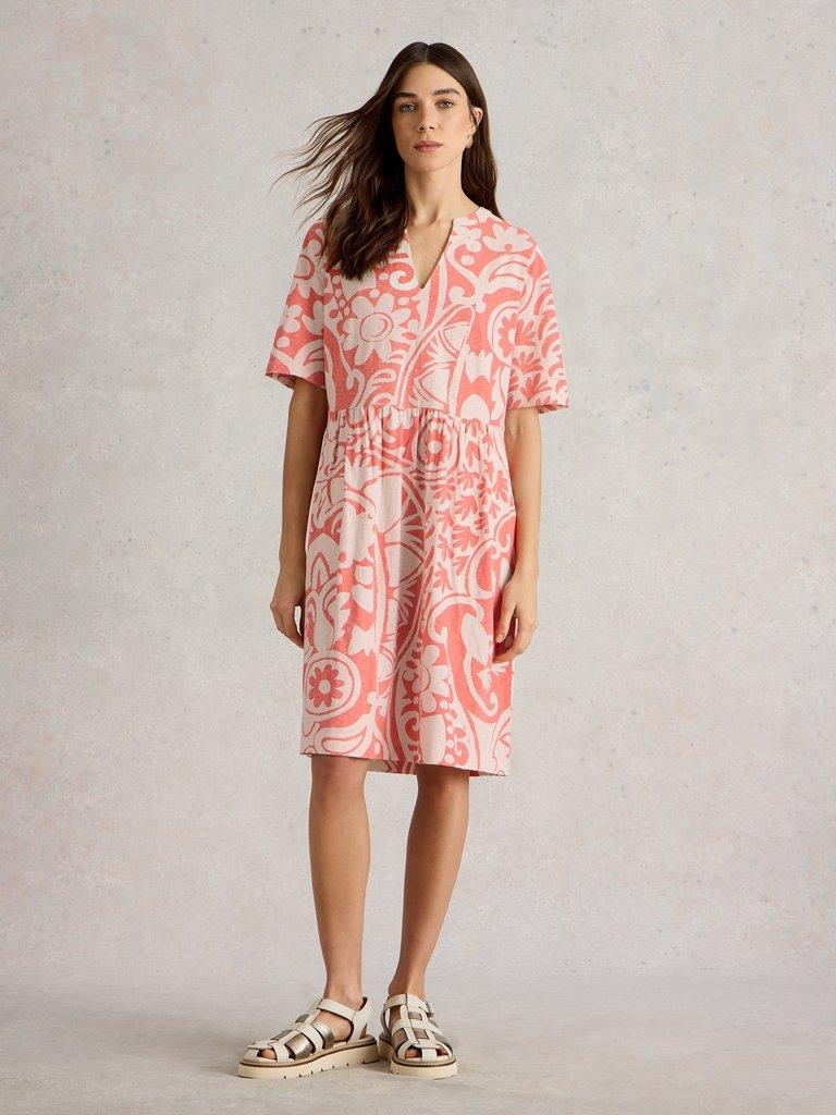 Thea Short Sleeve Jersey Dress in CORAL MLT - MODEL FRONT