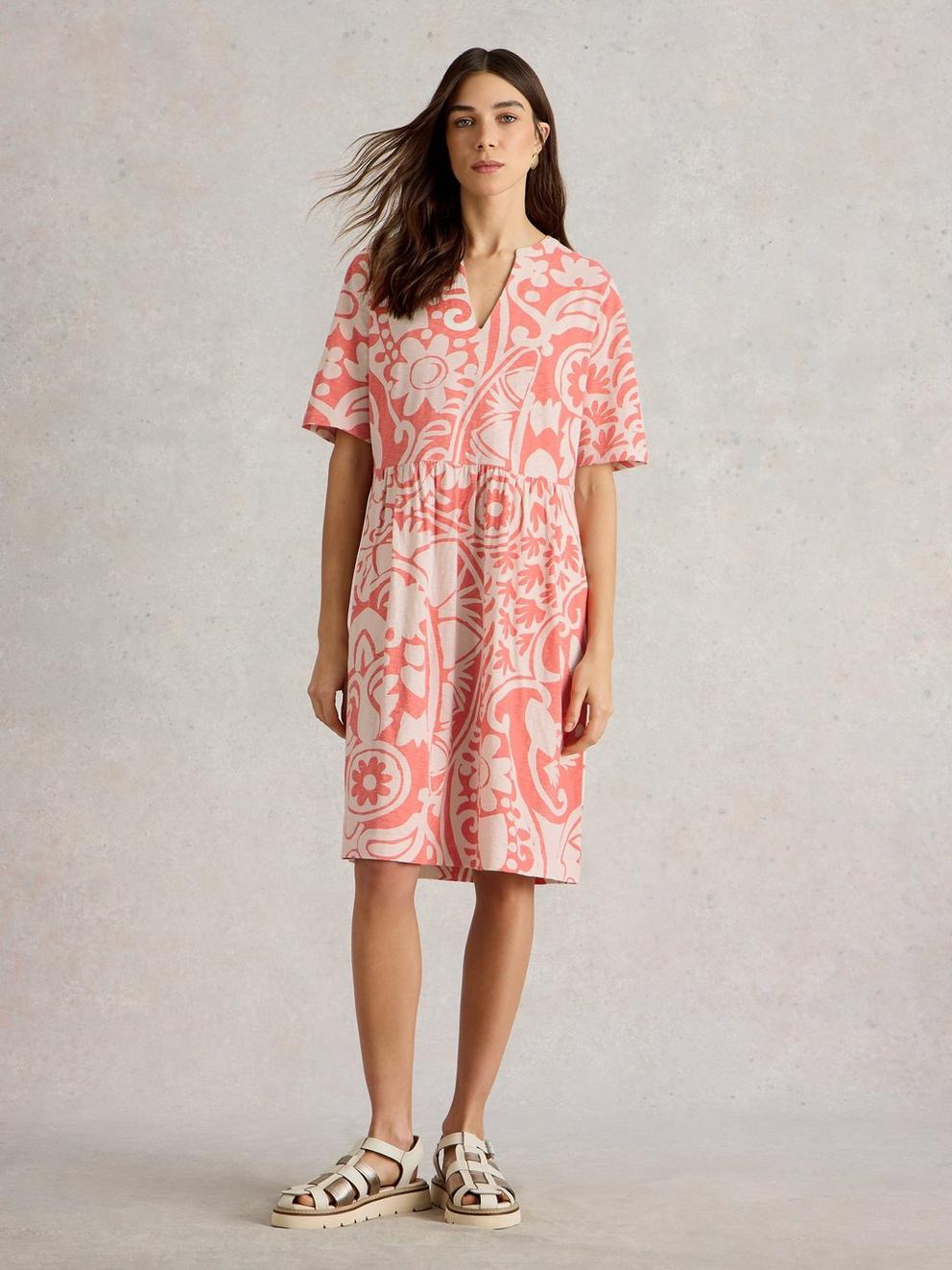 Thea Short Sleeve Jersey Dress in CORAL MLT - MODEL FRONT