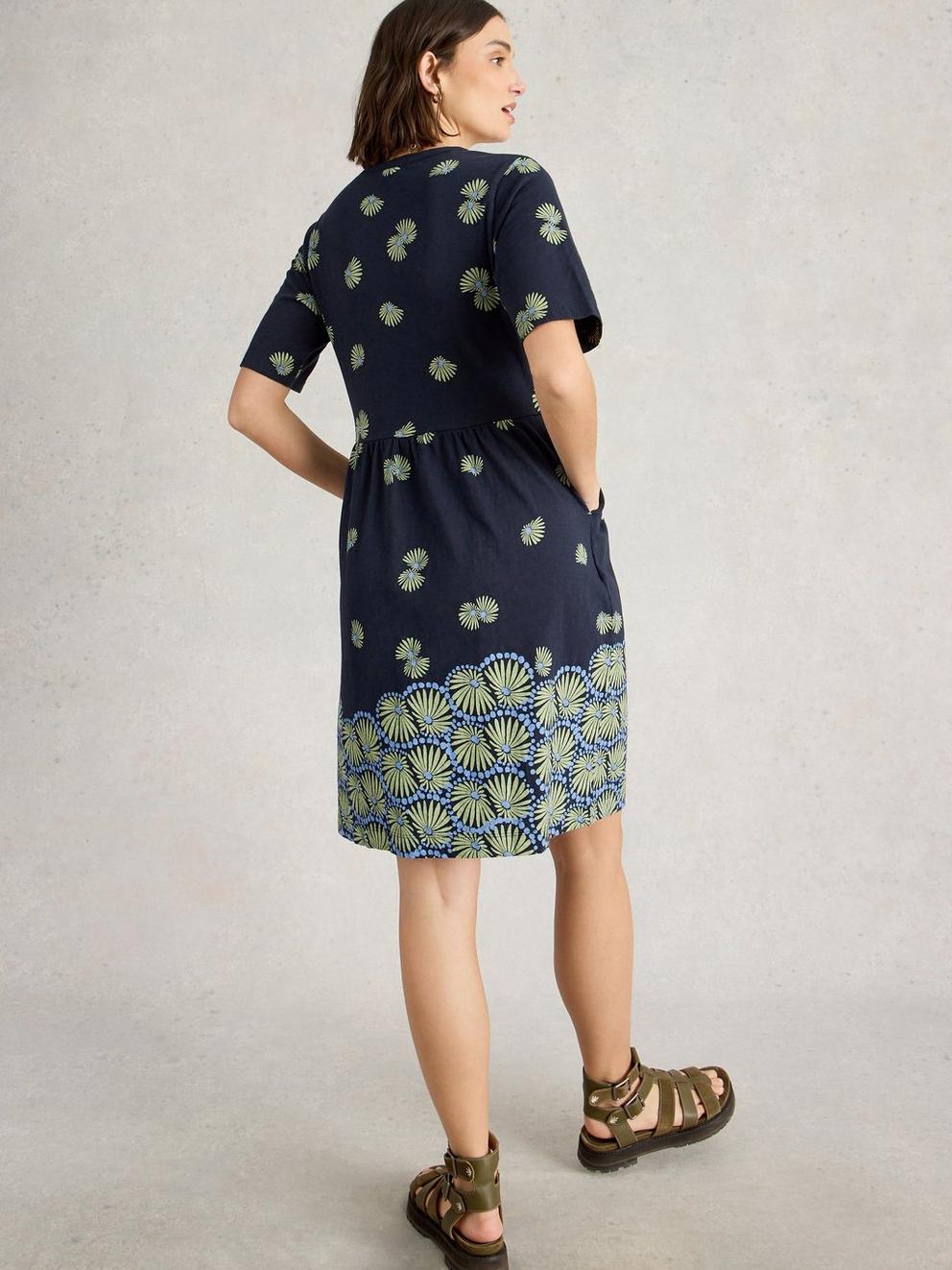 Thea Short Sleeve Jersey Dress in NAVY PR - MODEL BACK
