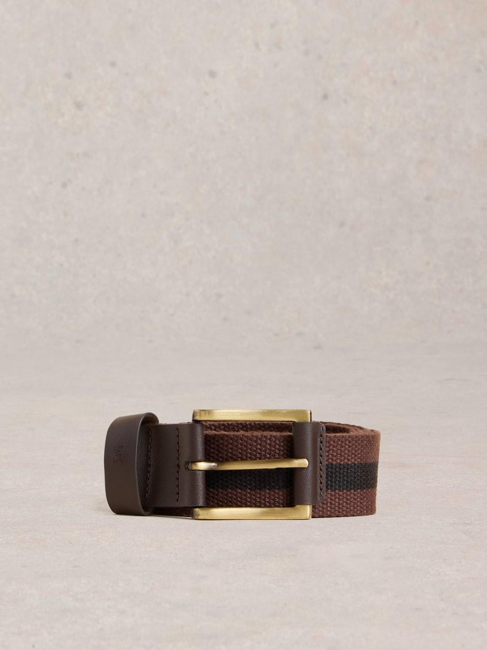 Striped Webbing Belt in DK BROWN - FLAT FRONT