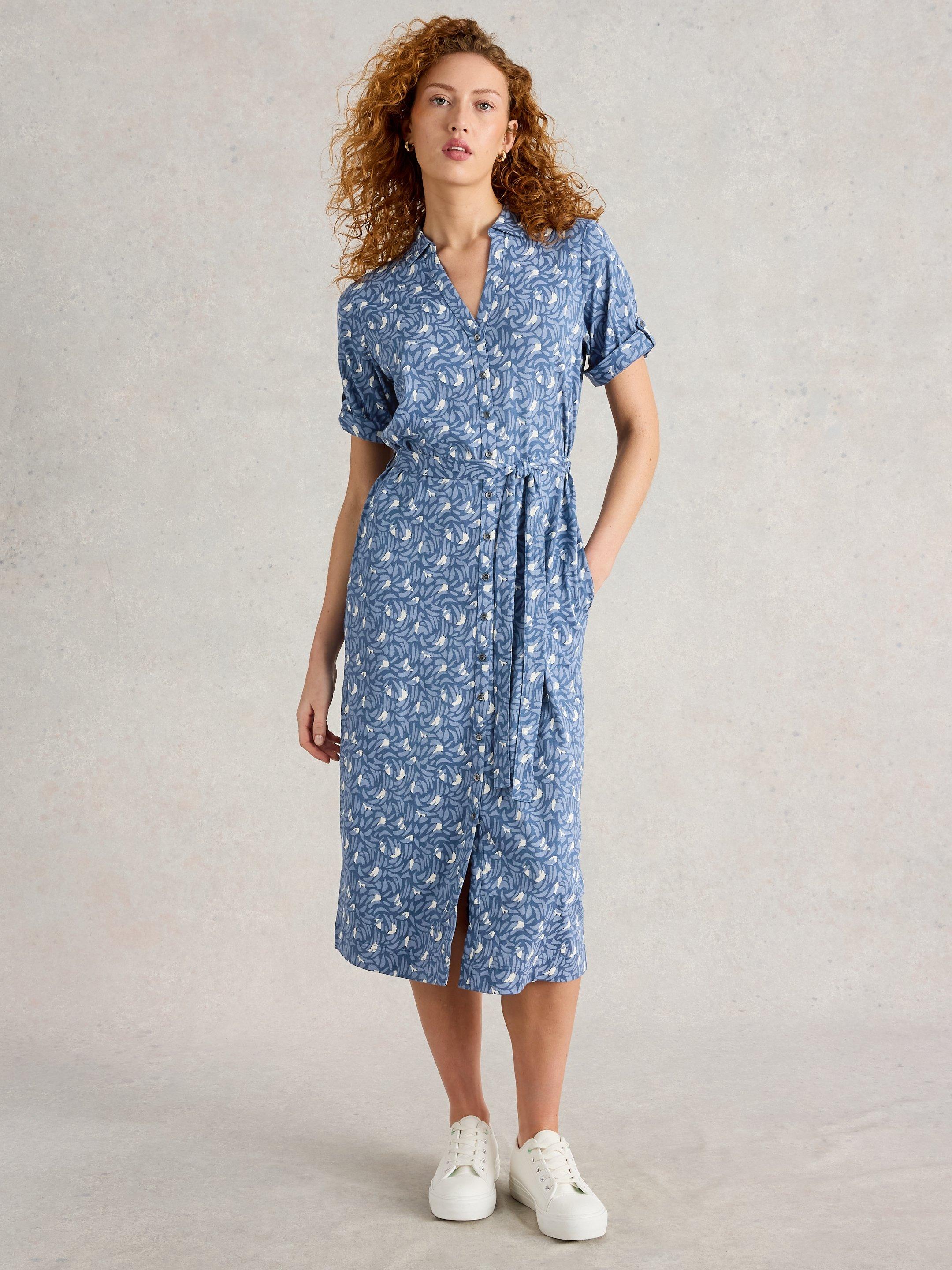 Annie Midi Jersey Shirt Dress in BLUE PRINT