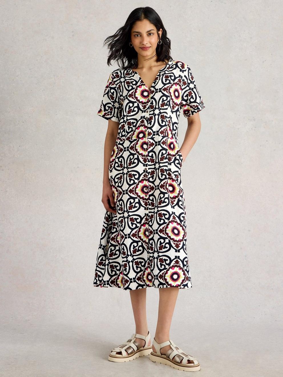 Iris Linen Midi Dress in IVORY PR - MODEL FRONT