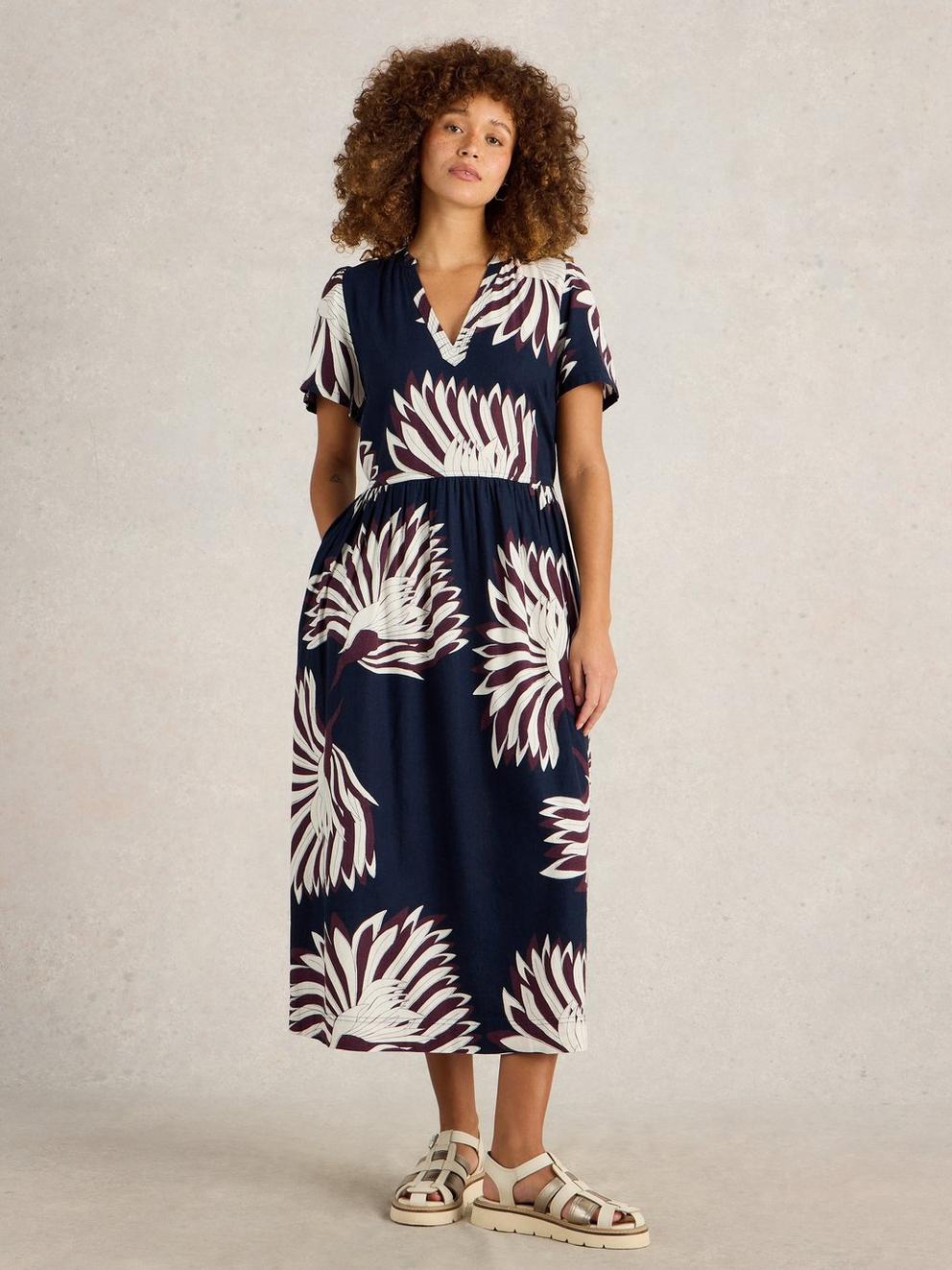 Clove Linen Blend Dress in NAVY PR - MODEL FRONT