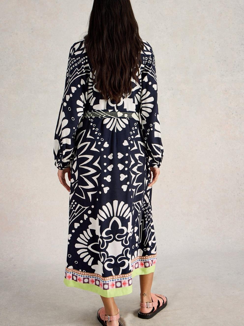 Liv Midi Dress  in NAVY MULTI - MODEL BACK