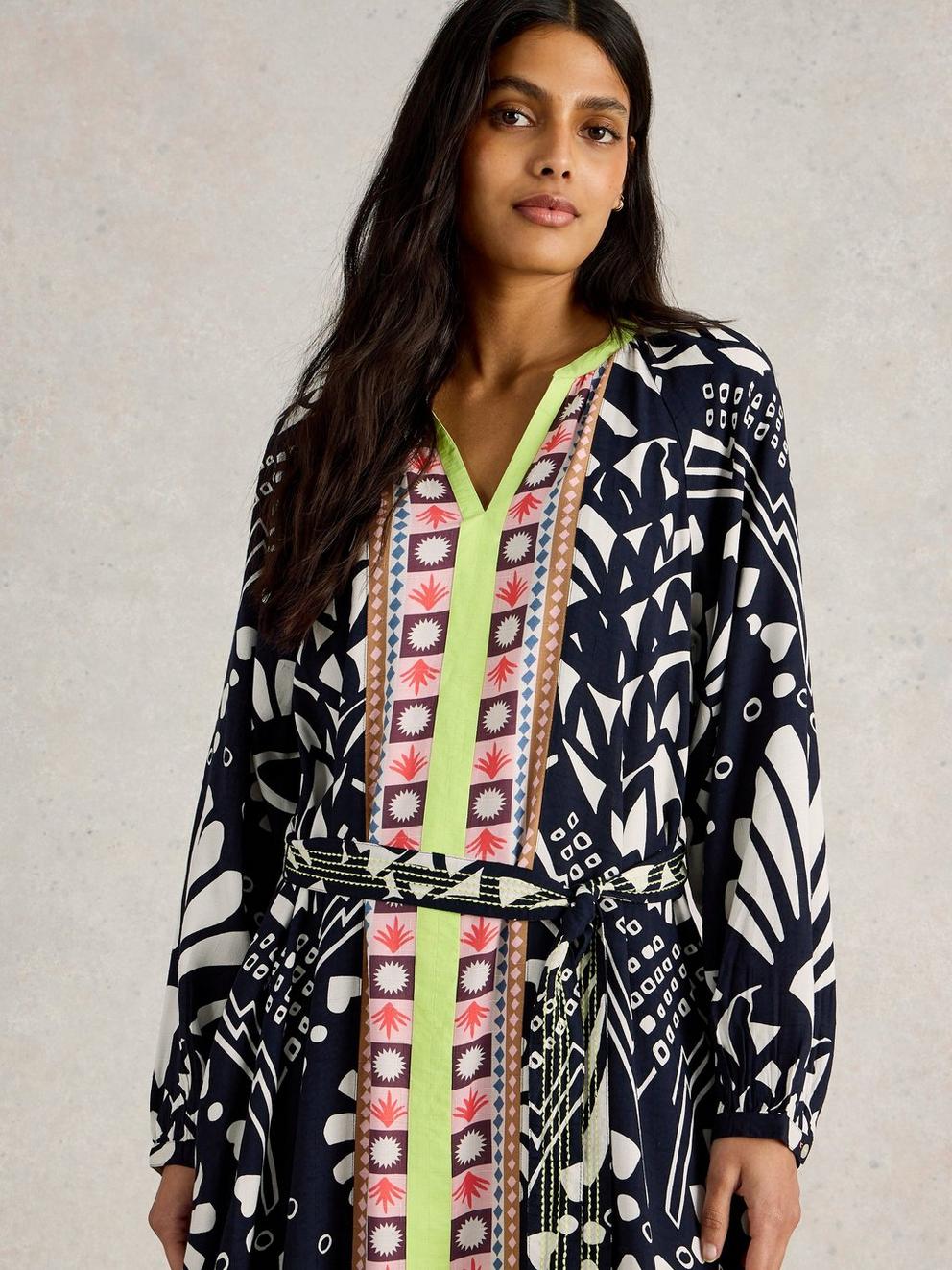 Liv Midi Dress  in NAVY MULTI - MODEL DETAIL