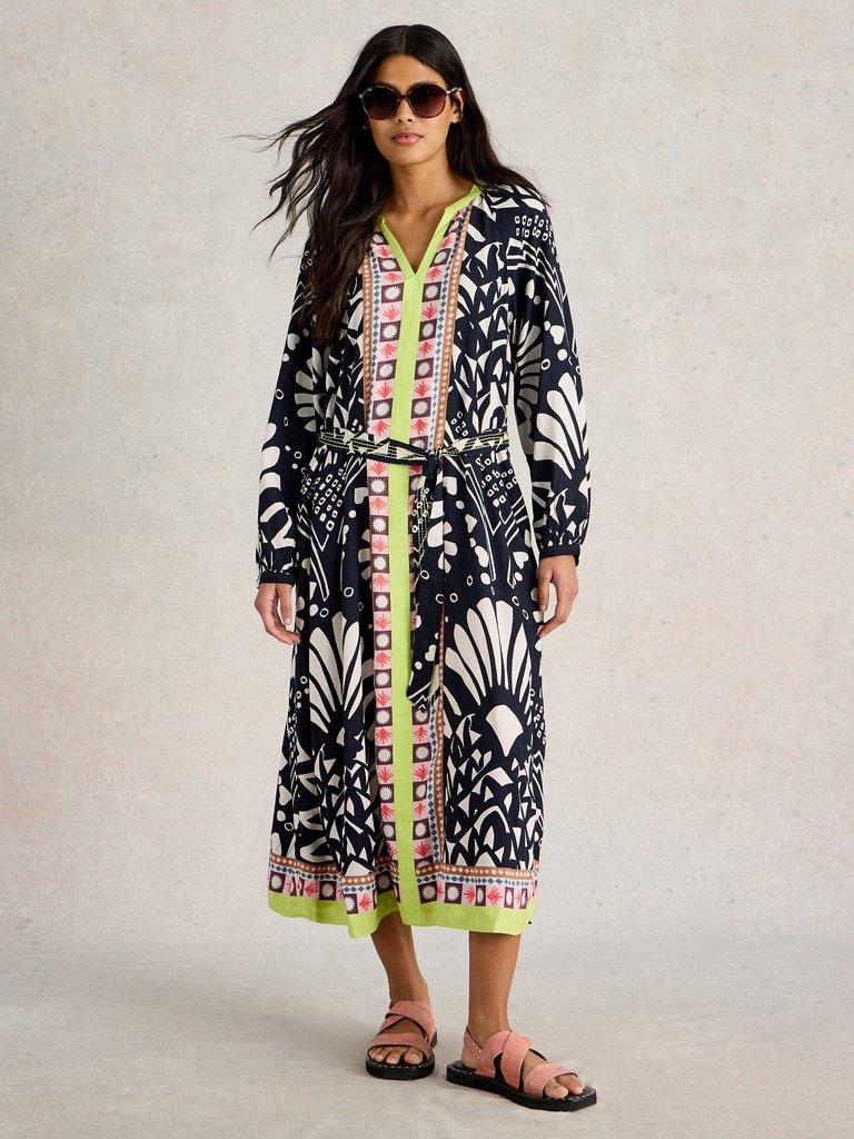 Liv Midi Dress  in NAVY MULTI - MODEL FRONT