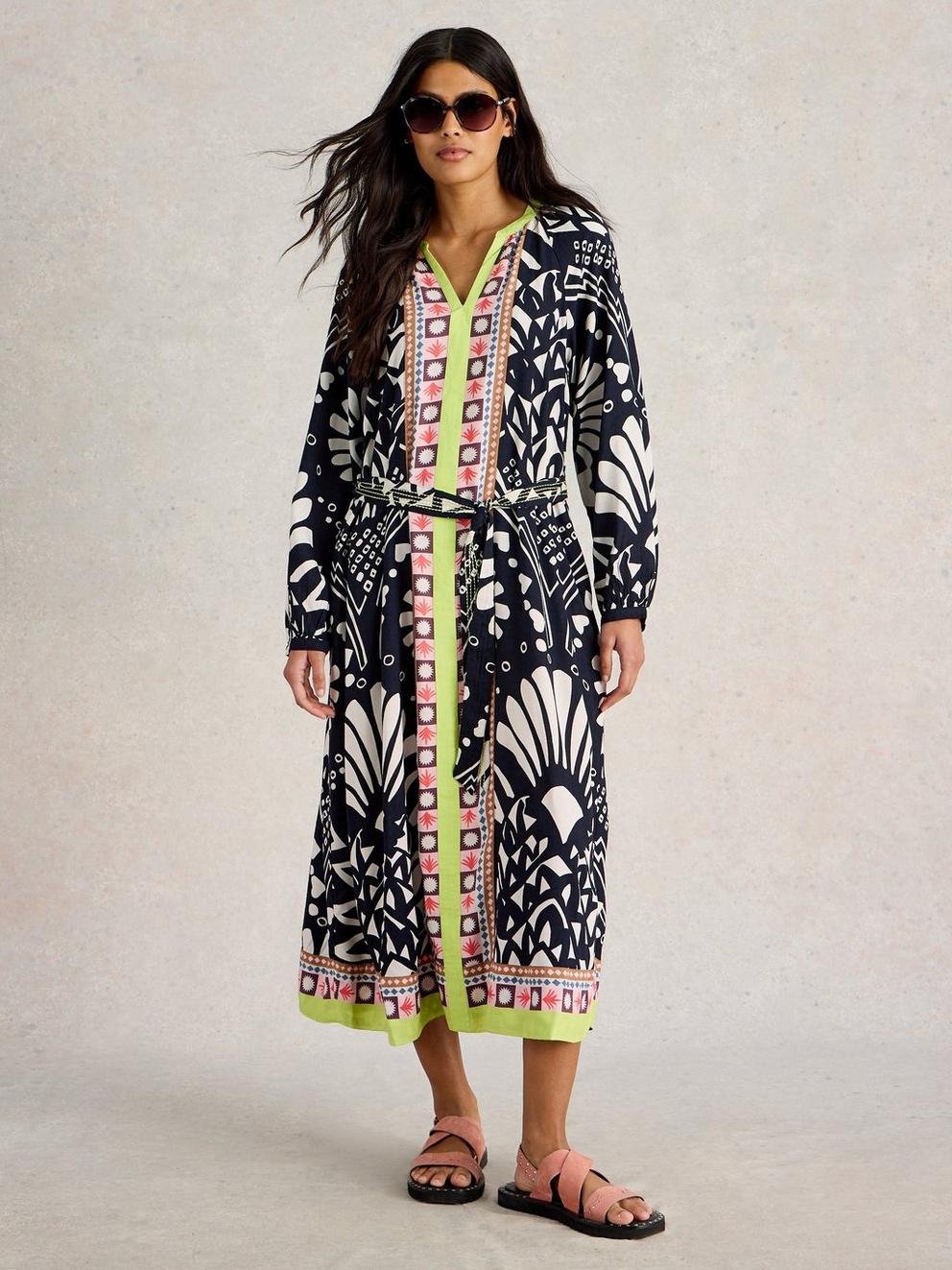 Liv Midi Dress  in NAVY MULTI - MODEL FRONT
