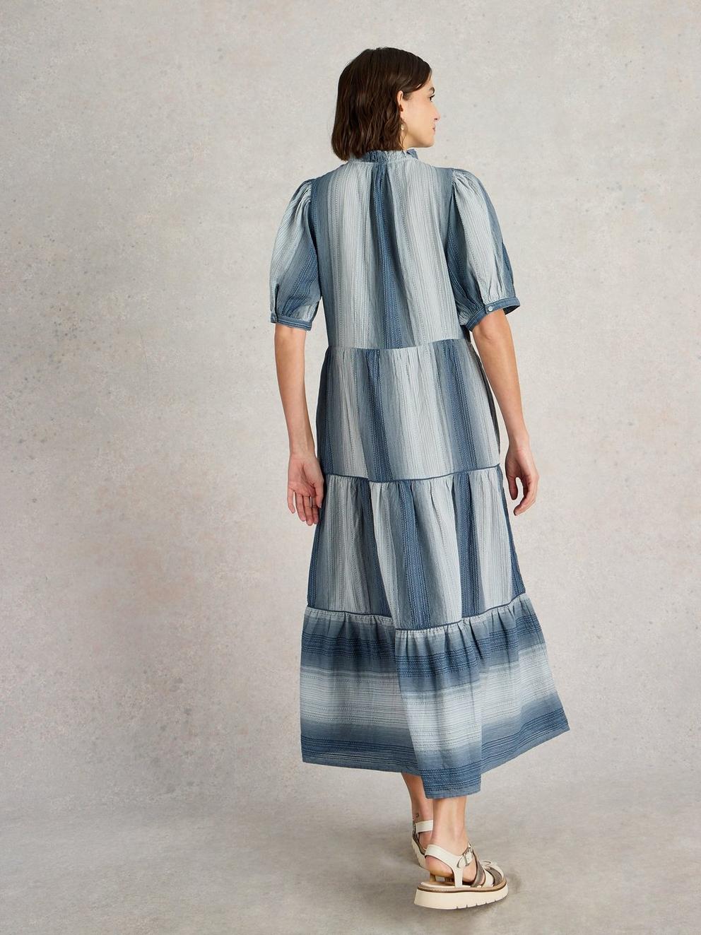 Halle Stripe Maxi Dress in CHAMB BLUE - MODEL BACK
