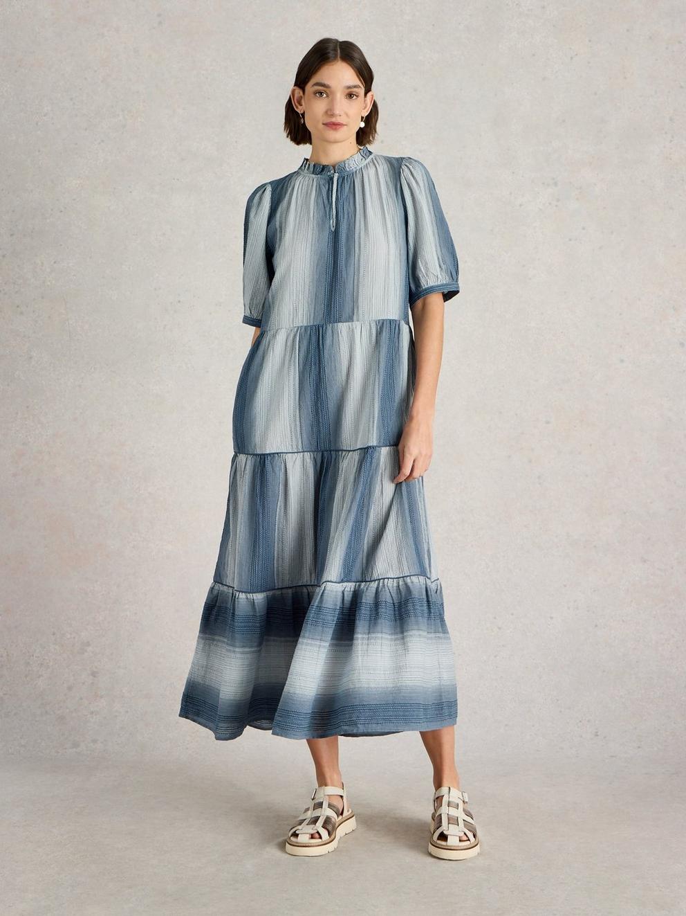 Halle Stripe Maxi Dress in CHAMB BLUE - MODEL FRONT