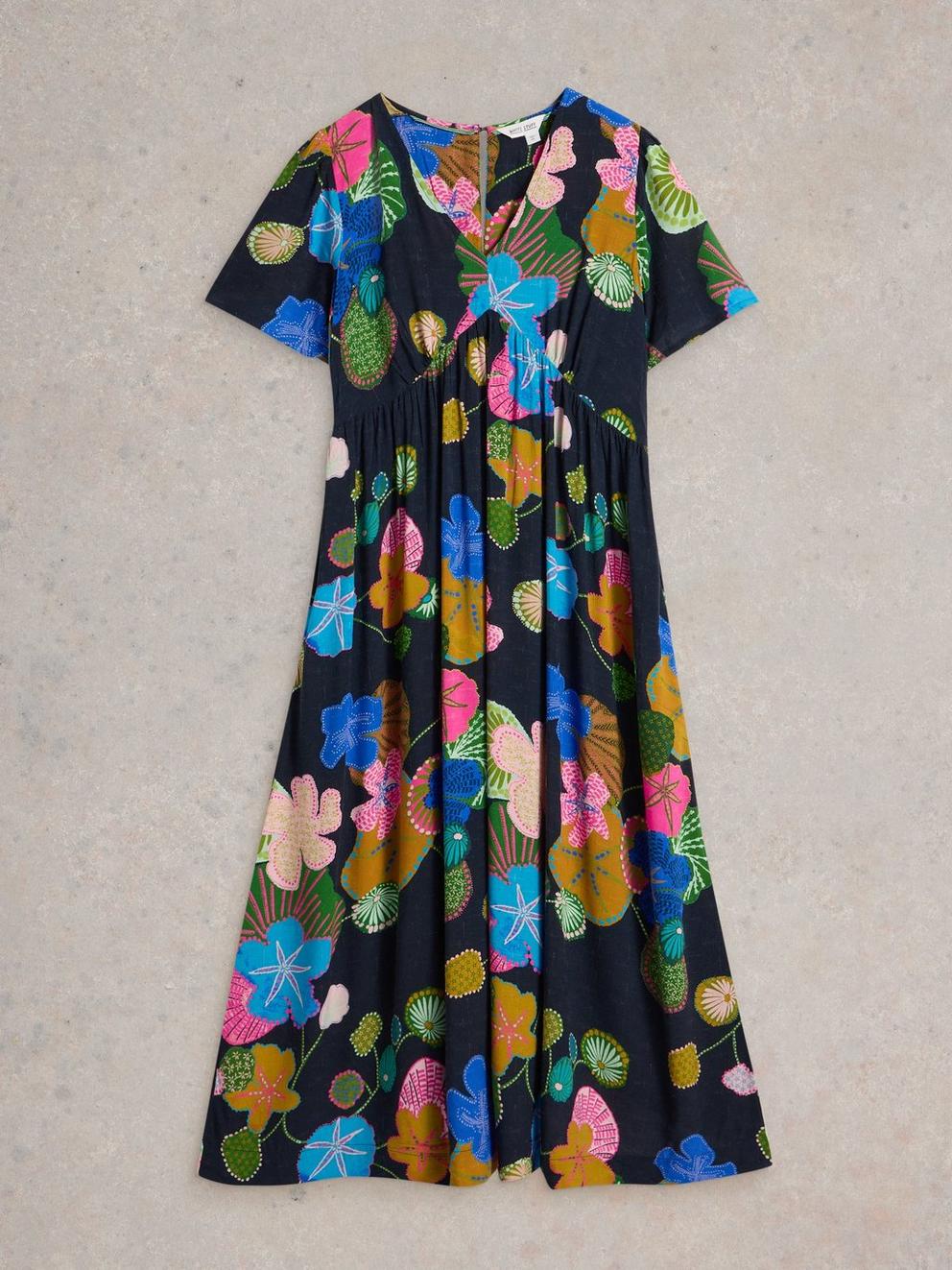V Neck Lucy Midi Dress in NAVY MULTI - FLAT FRONT