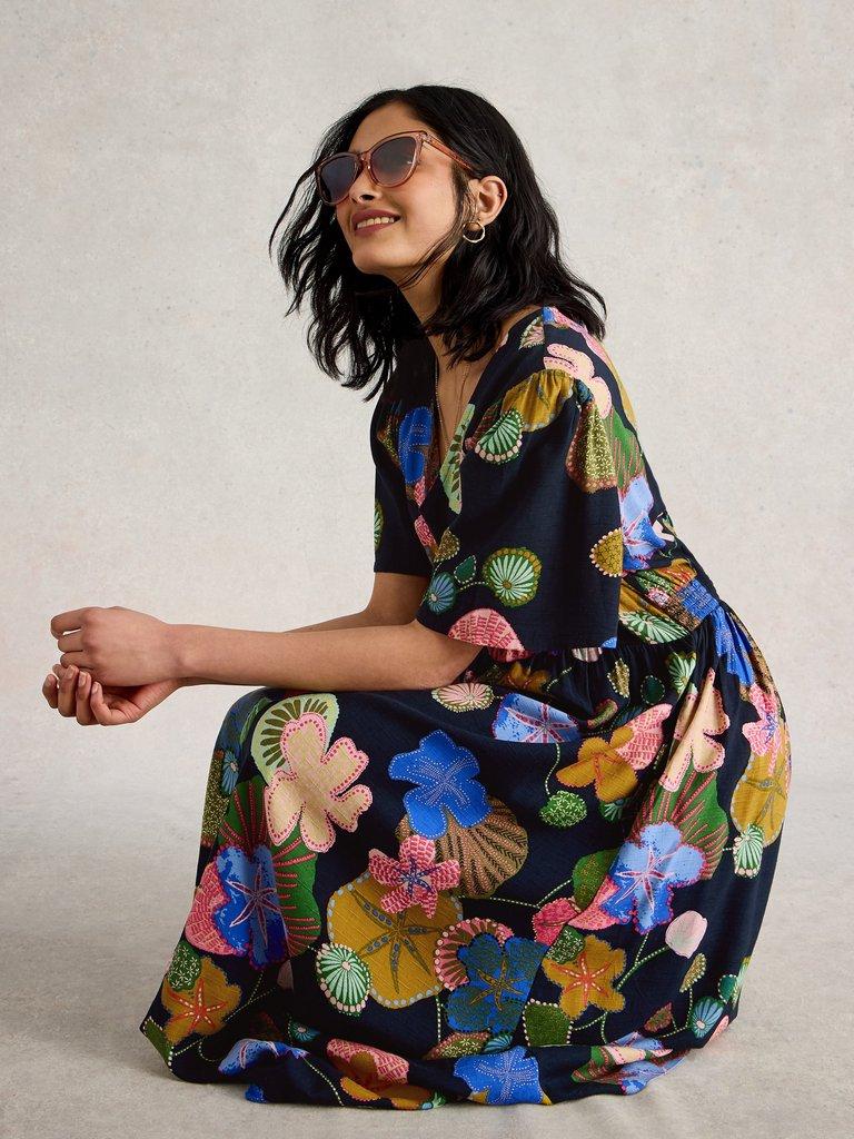 V Neck Lucy Midi Dress in NAVY MULTI - LIFESTYLE