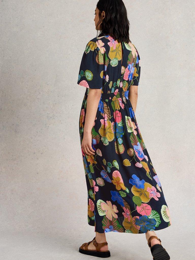 V Neck Lucy Midi Dress in NAVY MULTI - MODEL BACK