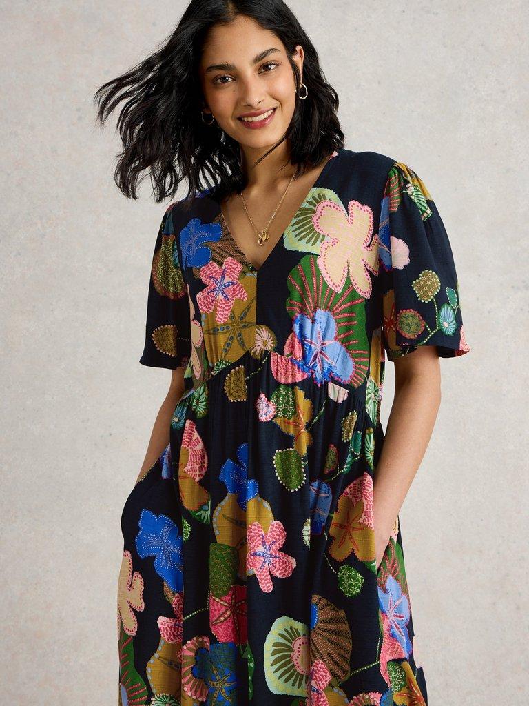 V Neck Lucy Midi Dress in NAVY MULTI - MODEL DETAIL