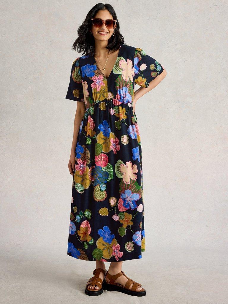 V Neck Lucy Midi Dress in NAVY MULTI - MODEL FRONT
