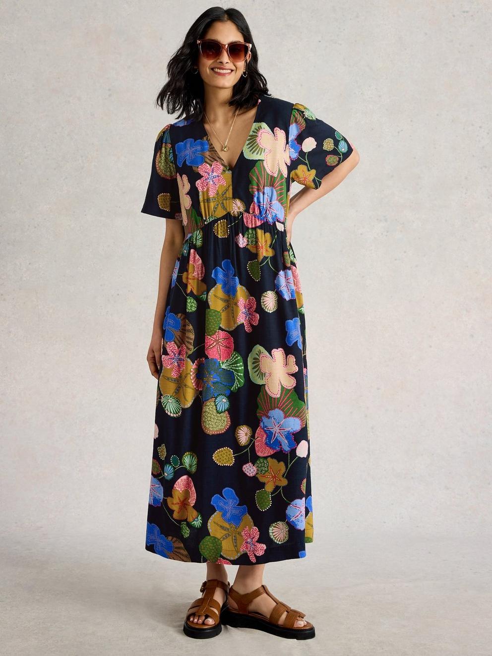 V Neck Lucy Midi Dress in NAVY MULTI - MODEL FRONT