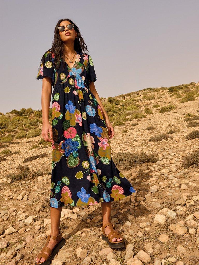 V Neck Lucy Midi Dress in NAVY MULTI - MIXED