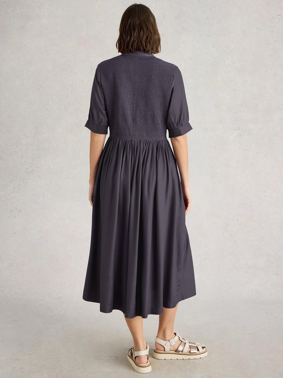 Valeria Shirred Dress in MID PURPLE - MODEL BACK