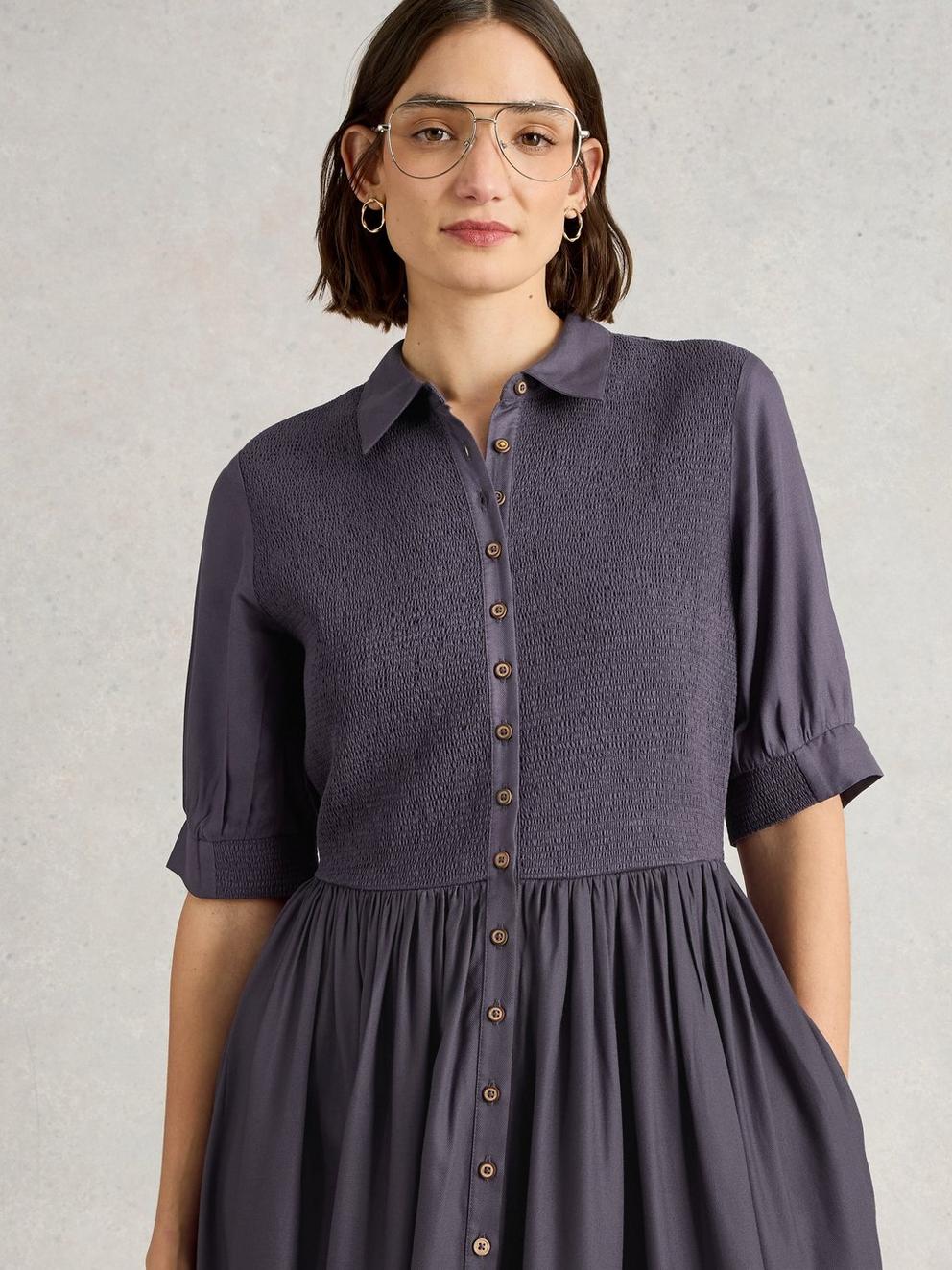 Valeria Shirred Dress in MID PURPLE - MODEL DETAIL