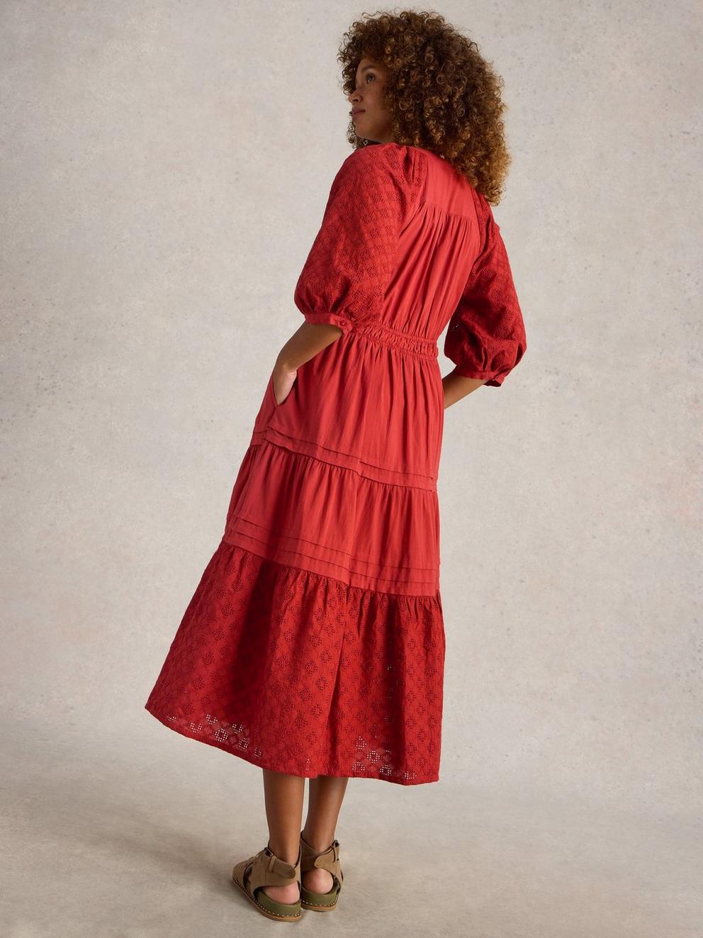 Willow Broderie Dress in DK RED - MODEL BACK