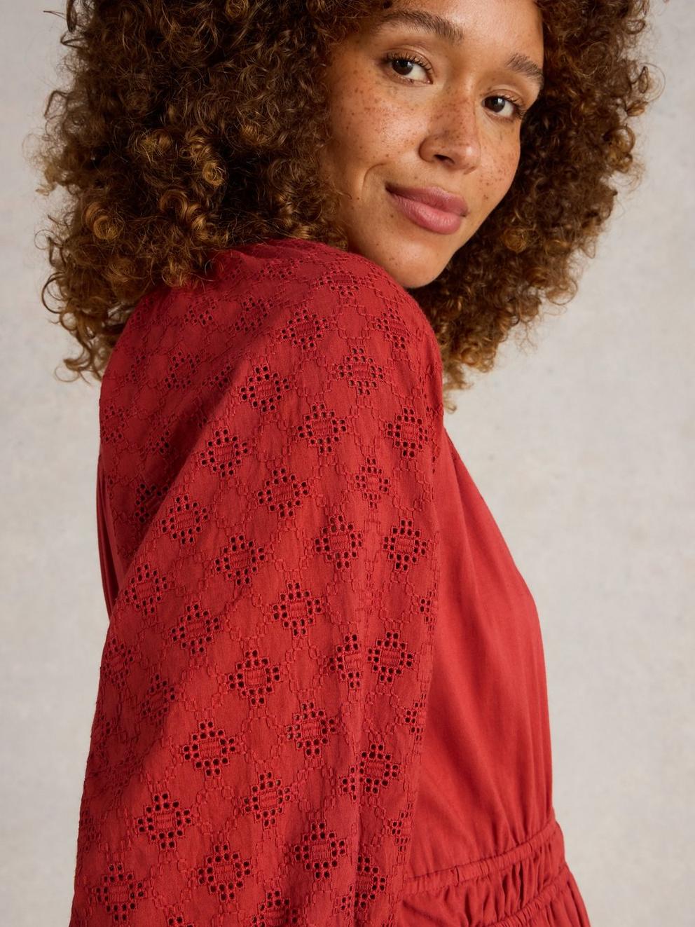 Willow Broderie Dress in DK RED - MODEL DETAIL