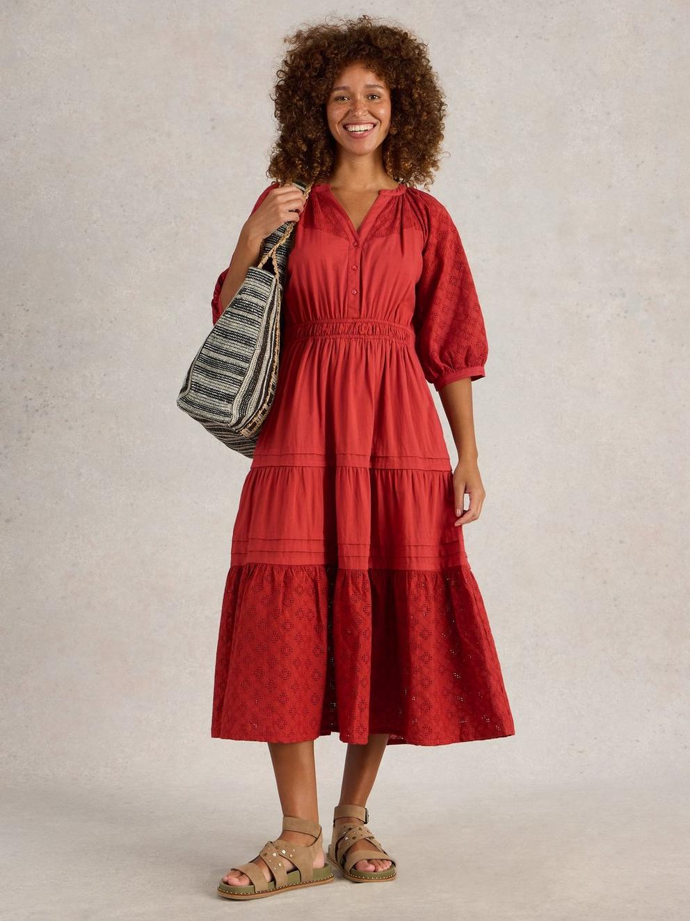 Willow Broderie Dress in DK RED - MODEL FRONT