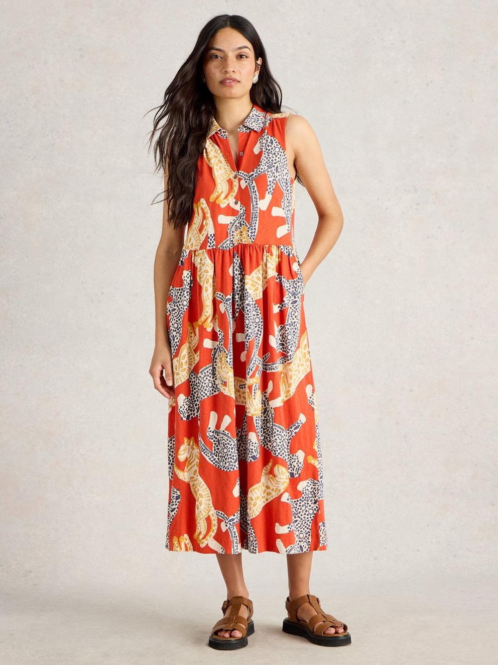 Rylee Jersey Shirt Midi Dress in RED MLT - MODEL FRONT