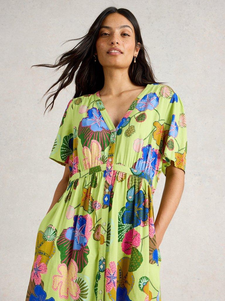 Phoebe V Neck Midi Dress in GREEN MLT - MODEL DETAIL