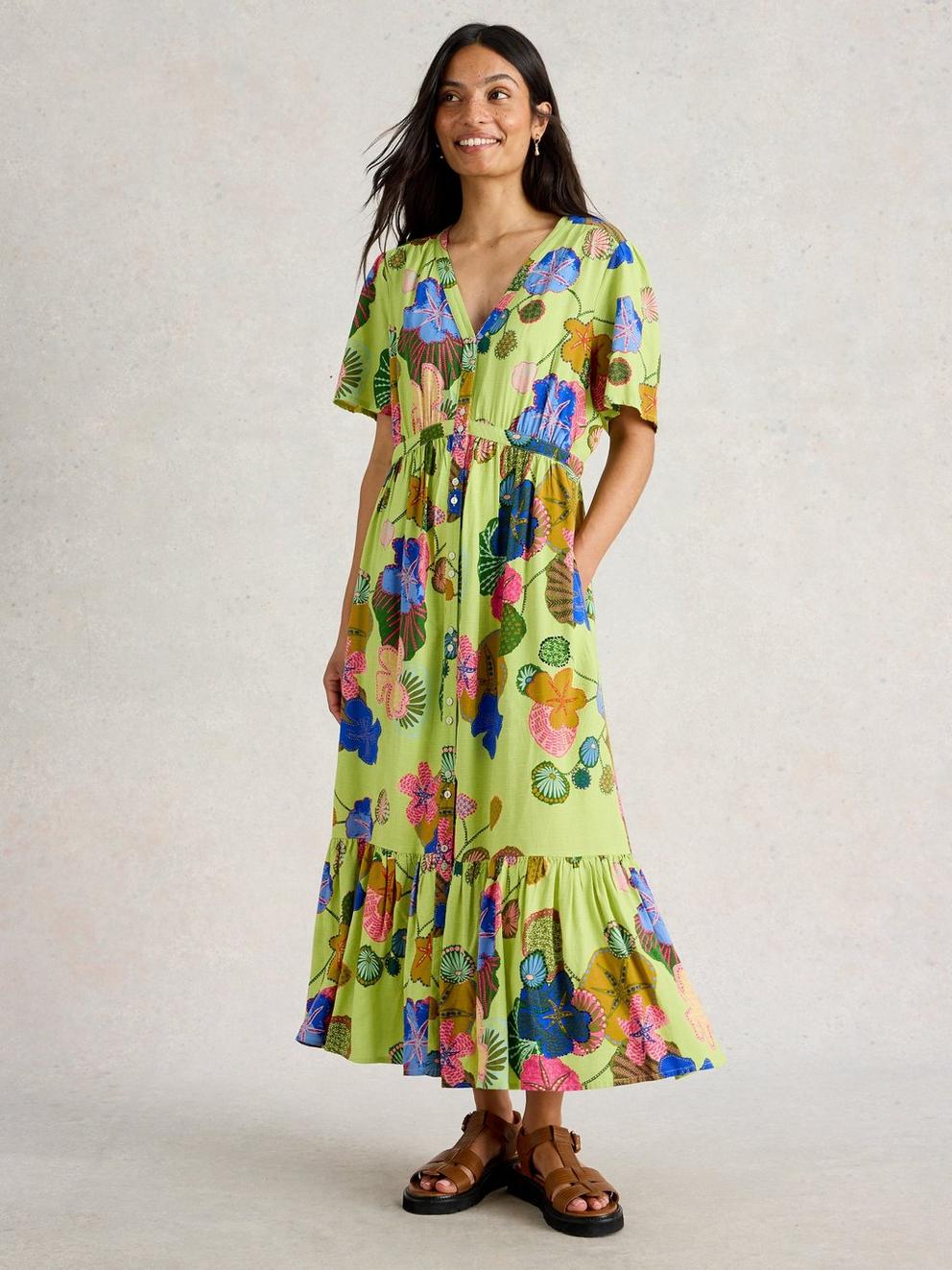 Phoebe V Neck Midi Dress in GREEN MLT - MODEL FRONT