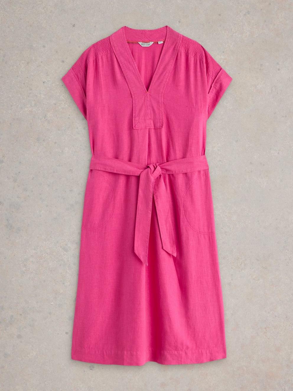 Marianne Linen Blend Midi Dress in BRT PINK - FLAT FRONT