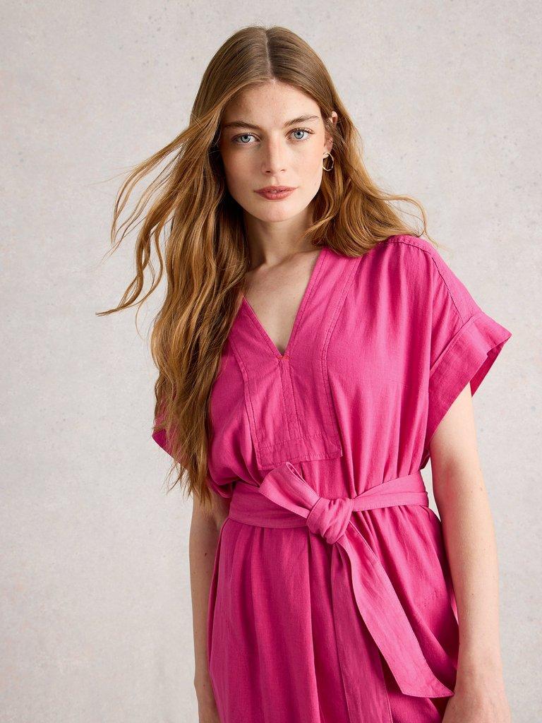 Marianne Linen Blend Midi Dress in BRT PINK - LIFESTYLE