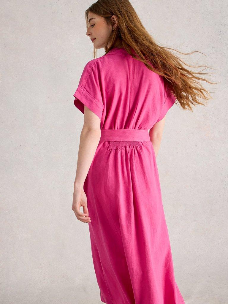Marianne Linen Blend Midi Dress in BRT PINK - MODEL BACK