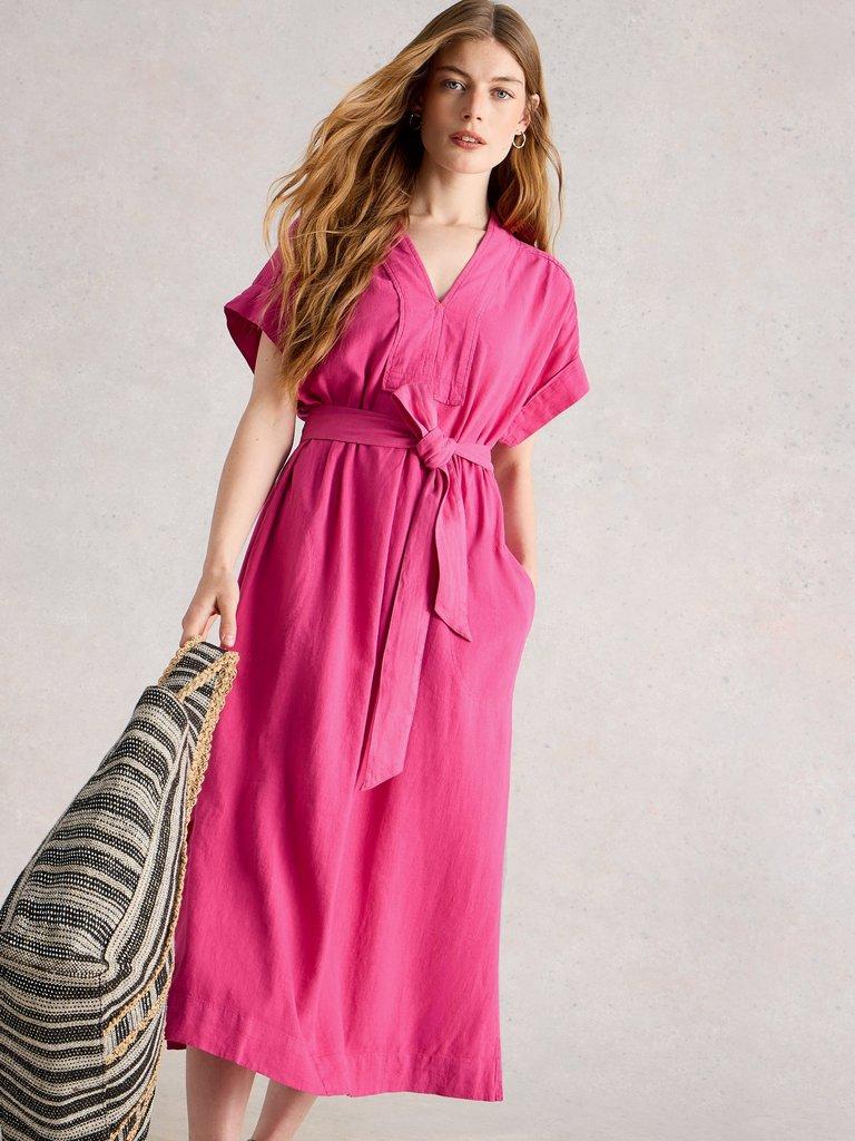 Marianne Linen Blend Midi Dress in BRT PINK - MODEL DETAIL