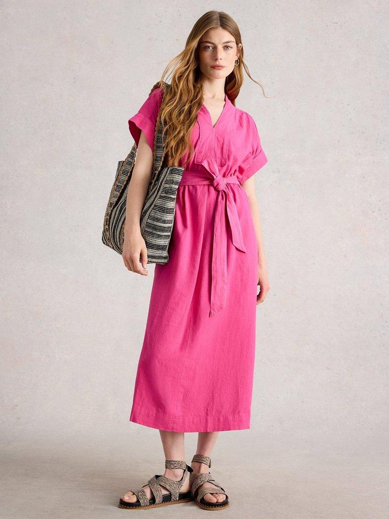 Marianne Linen Blend Midi Dress in BRT PINK - MODEL FRONT