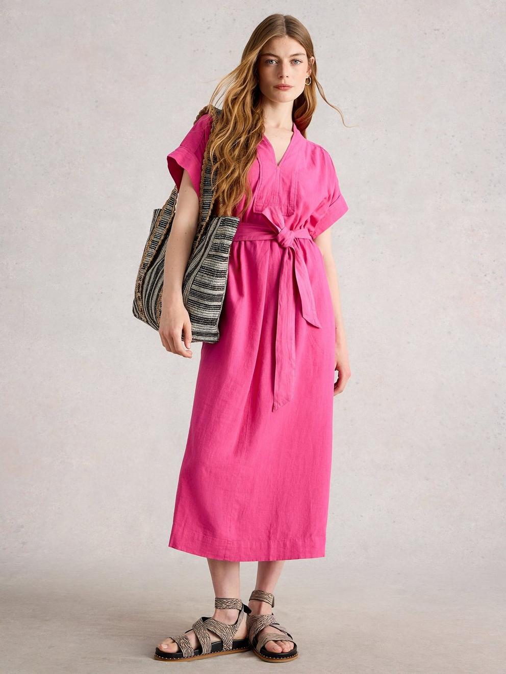 Marianne Linen Blend Midi Dress in BRT PINK - MODEL FRONT