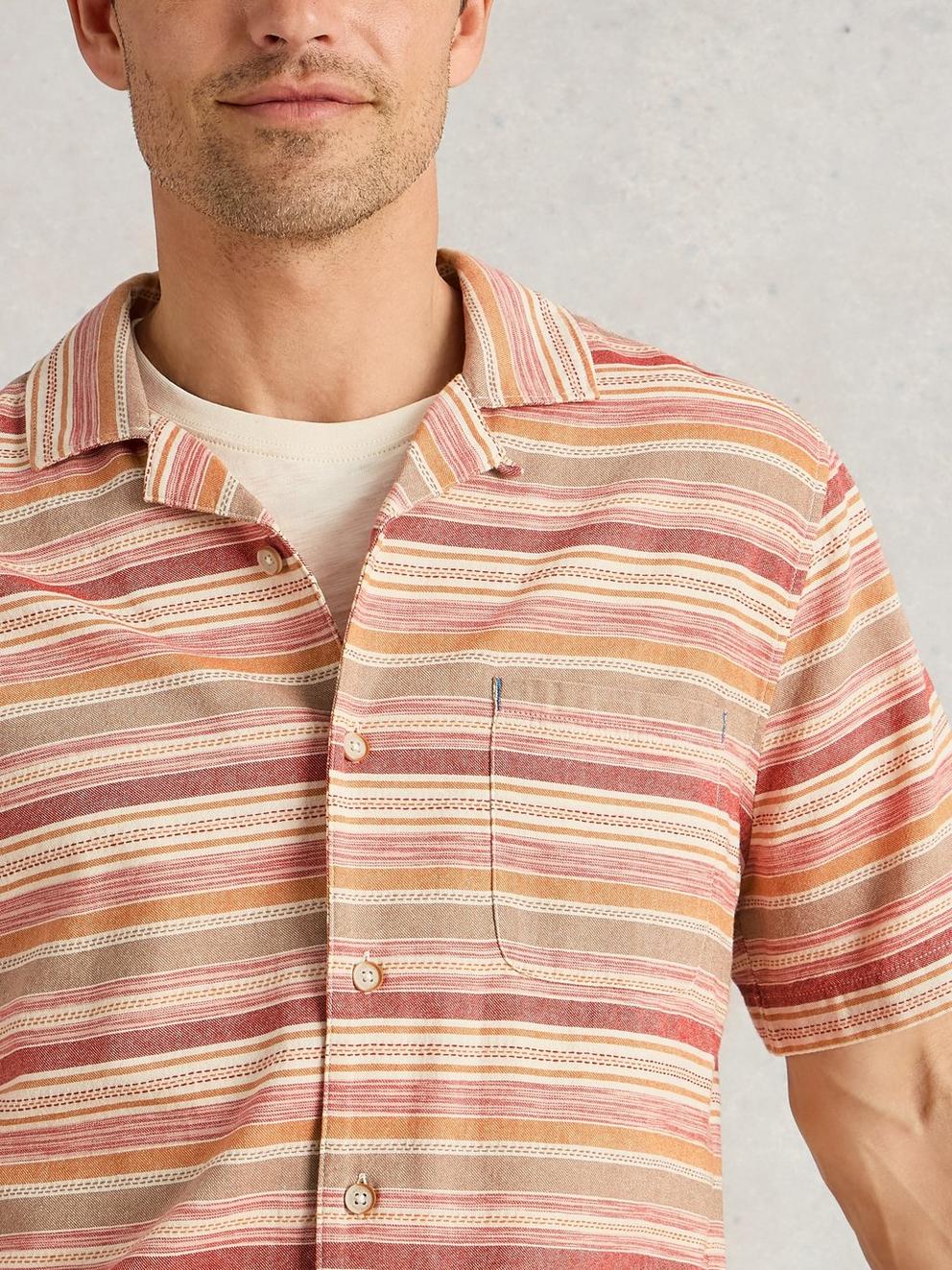 Horizontal SS Stripe Shirt in RED MLT - MODEL DETAIL