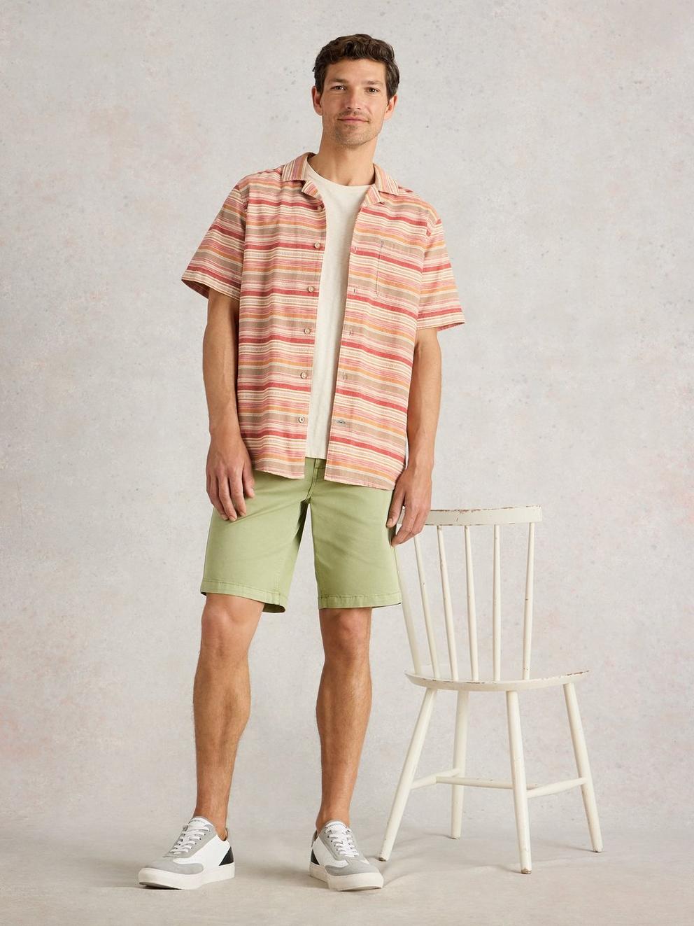 Horizontal SS Stripe Shirt in RED MLT - MODEL FRONT