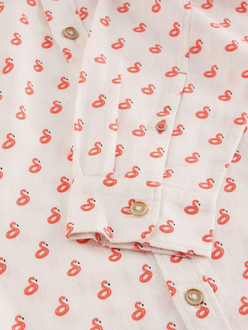 Flamingo Print Linen Shirt in WHITE PR - FLAT DETAIL