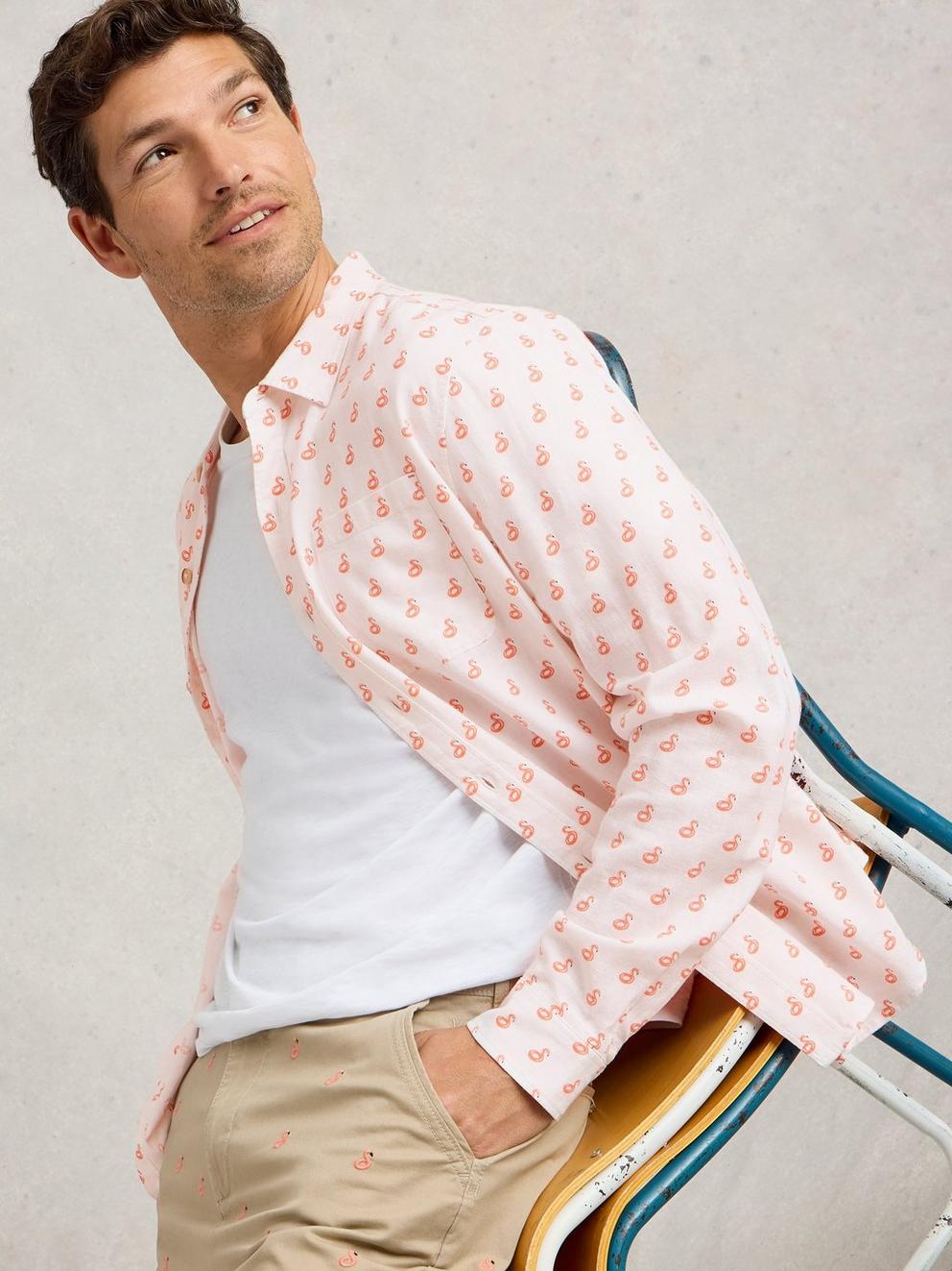 Flamingo Print Linen Shirt in WHITE PR - LIFESTYLE