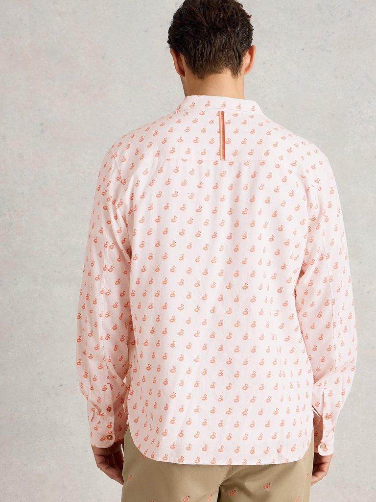 Flamingo Print Linen Shirt in WHITE PR - MODEL BACK