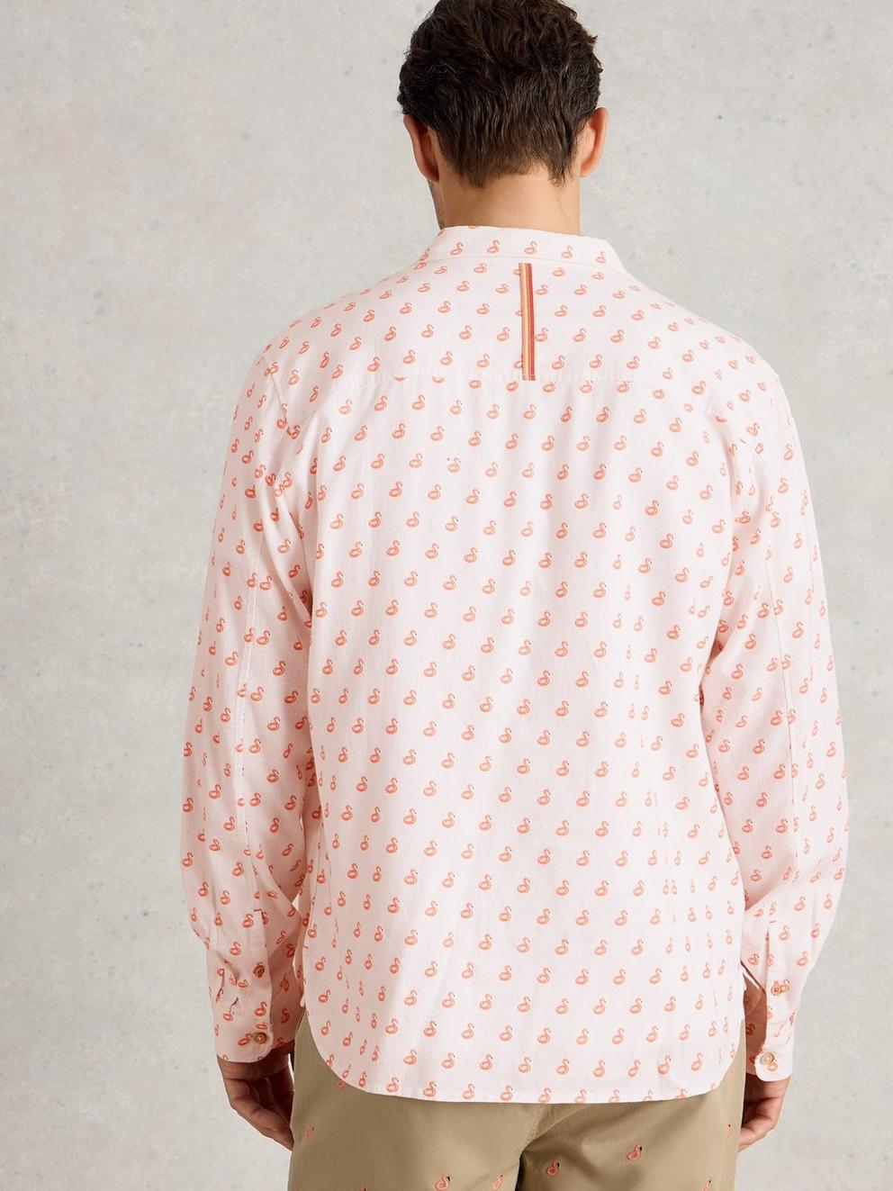 Flamingo Print Linen Shirt in WHITE PR - MODEL BACK