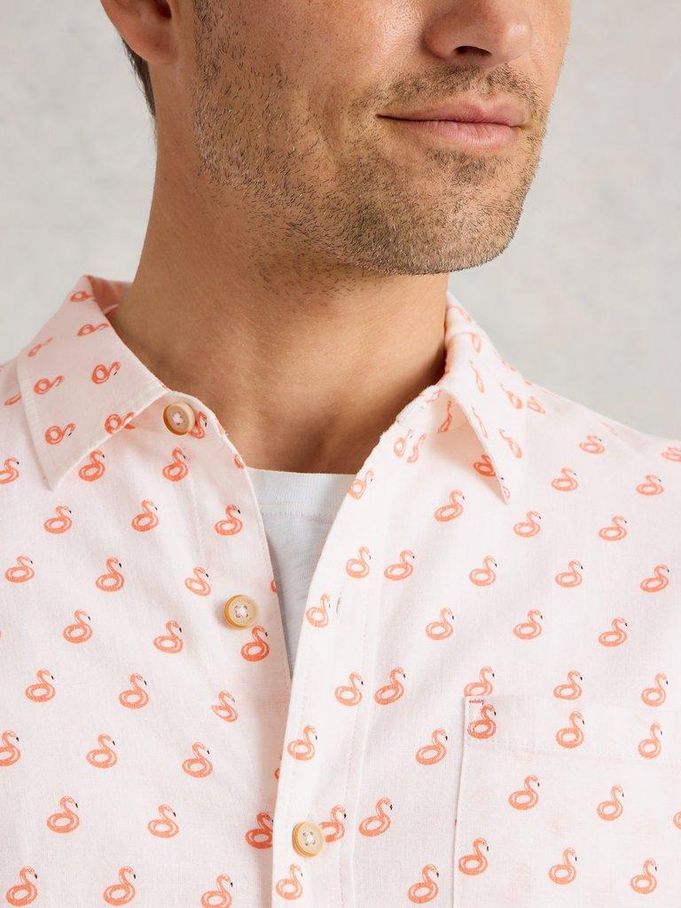 Flamingo Print Linen Shirt in WHITE PR - MODEL DETAIL