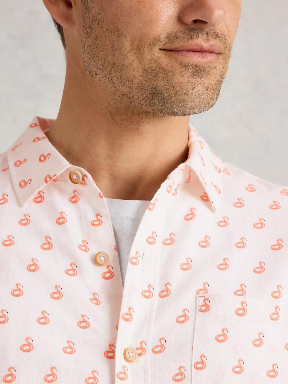 Flamingo Print Linen Shirt in WHITE PR - MODEL DETAIL