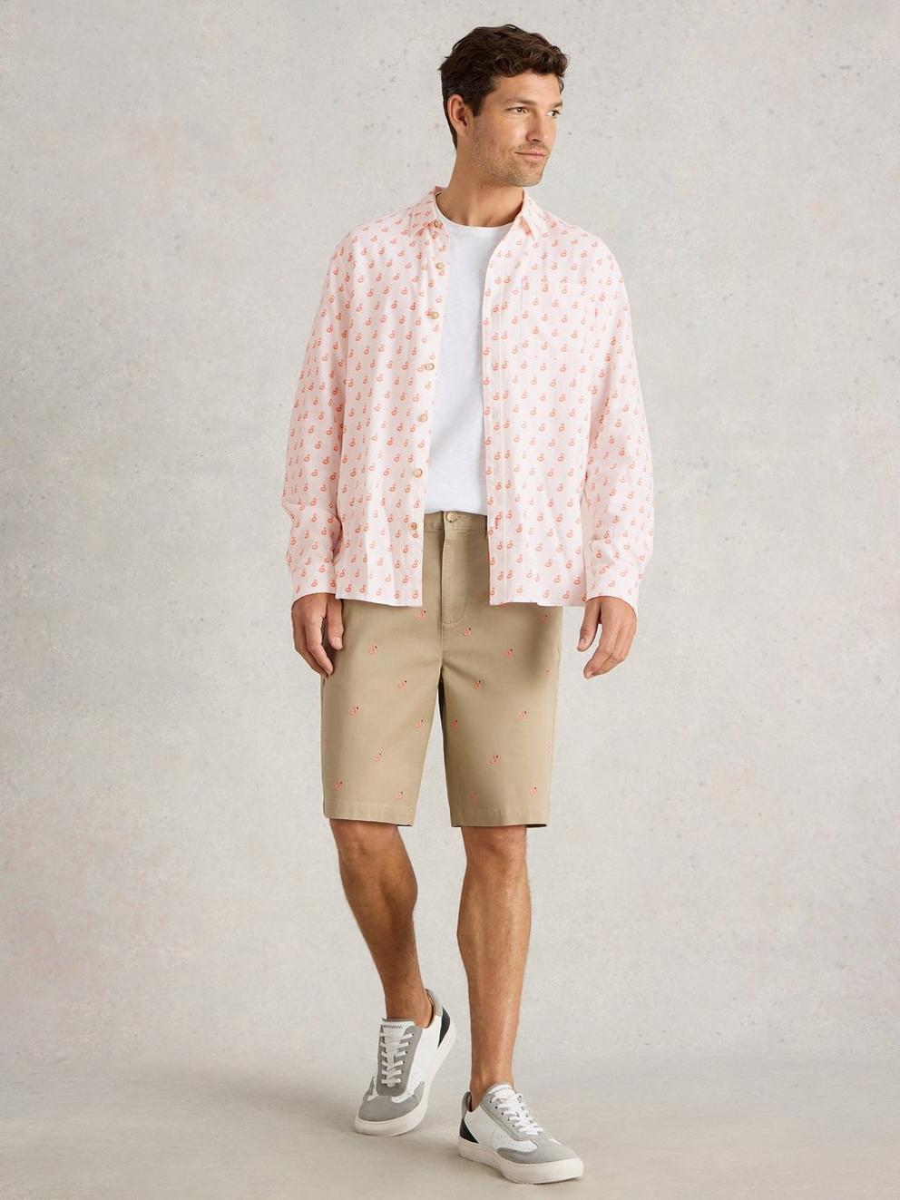 Flamingo Print Linen Shirt in WHITE PR - MODEL FRONT