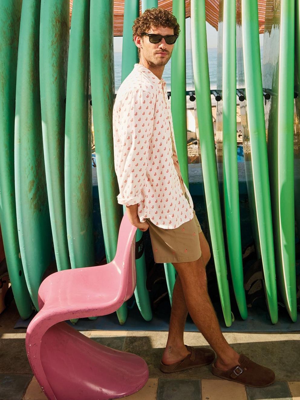 Flamingo Print Linen Shirt in WHITE PR - MIXED