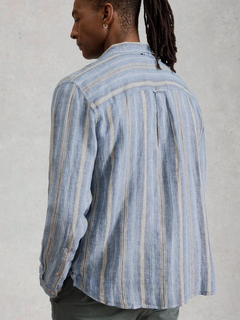 Keswick Stripe LS Linen Shirt in BLUE MLT - MODEL BACK