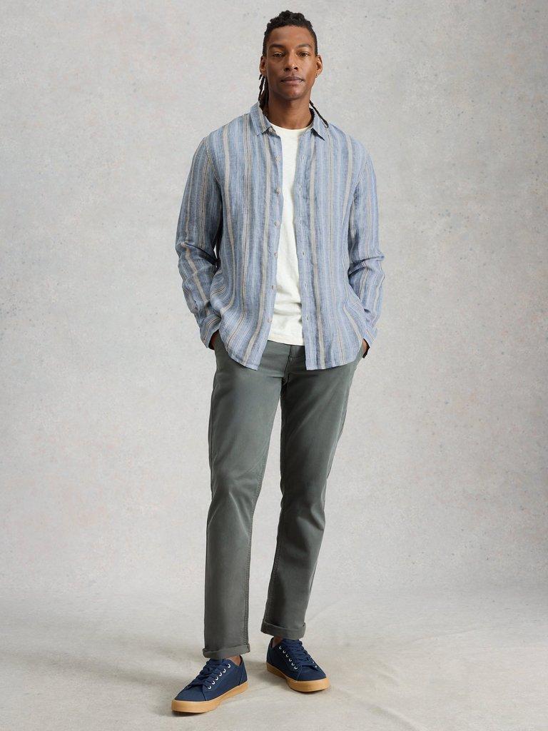 Keswick Stripe LS Linen Shirt in BLUE MLT - MODEL FRONT