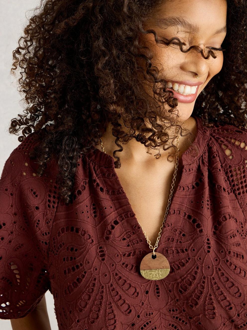 Hammered Wooden Mix Pendant in BROWN MLT - MODEL FRONT