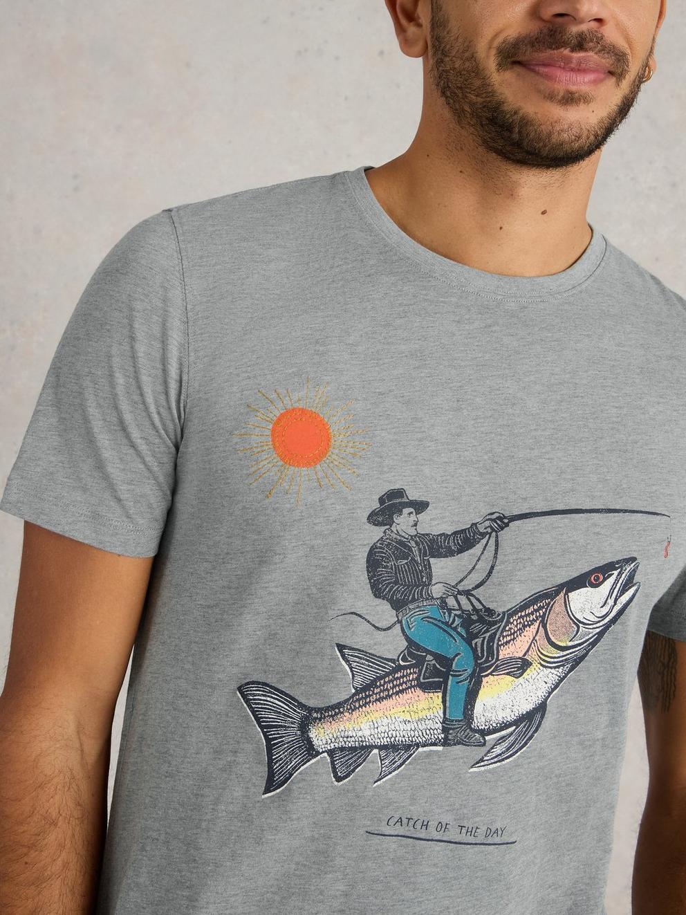 Abersoch Fish Graphic Tee in DENIM PR - MODEL DETAIL