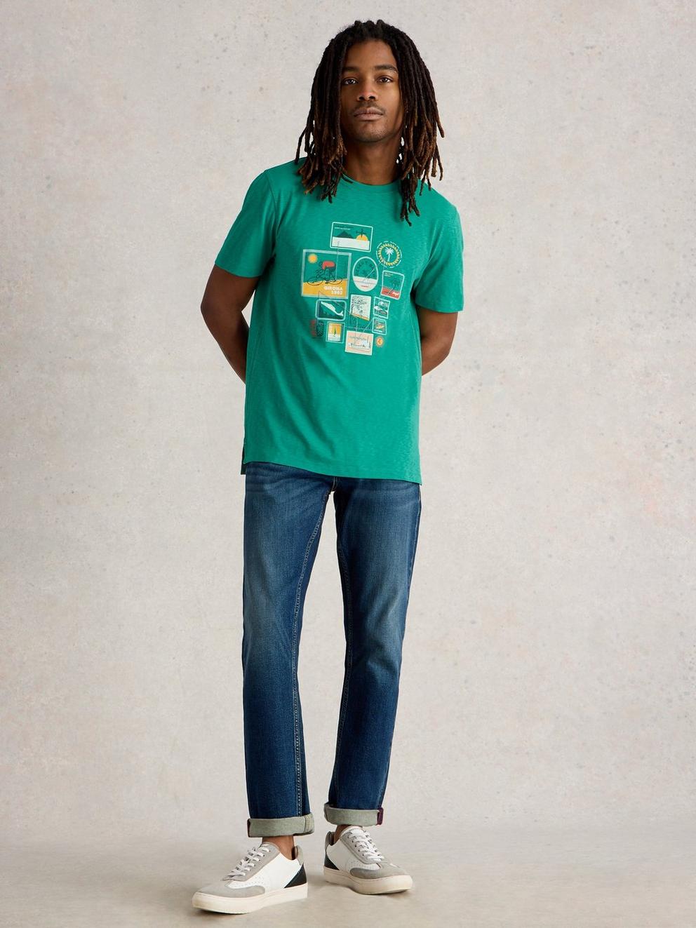 Abersoch Travel Graphic Tee in TEAL PR - MODEL FRONT